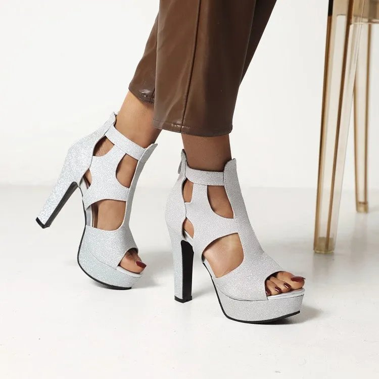 Back Strap Sandals Women's Sparkling Roman Style Platform Chunky Heel Sandals