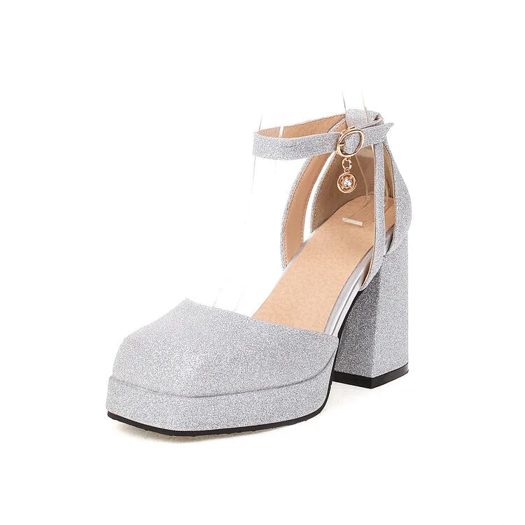 Women's Sparkling Square Toe Ankle Strap Metal Buckle Chunky Heel Platform Sandals Sandals In Jamaica