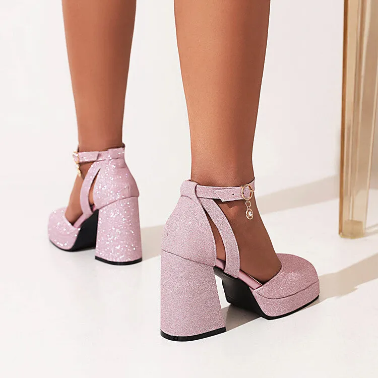 Women's Sparkling Square Toe Ankle Strap Metal Buckle Chunky Heel Platform Sandals Sandals Ralph Lauren