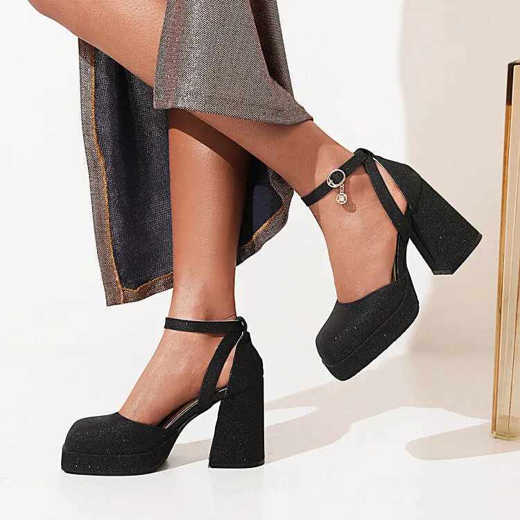 Cross Sandals Women's Sparkling Square Toe Ankle Strap Metal Buckle Chunky Heel Platform Sandals