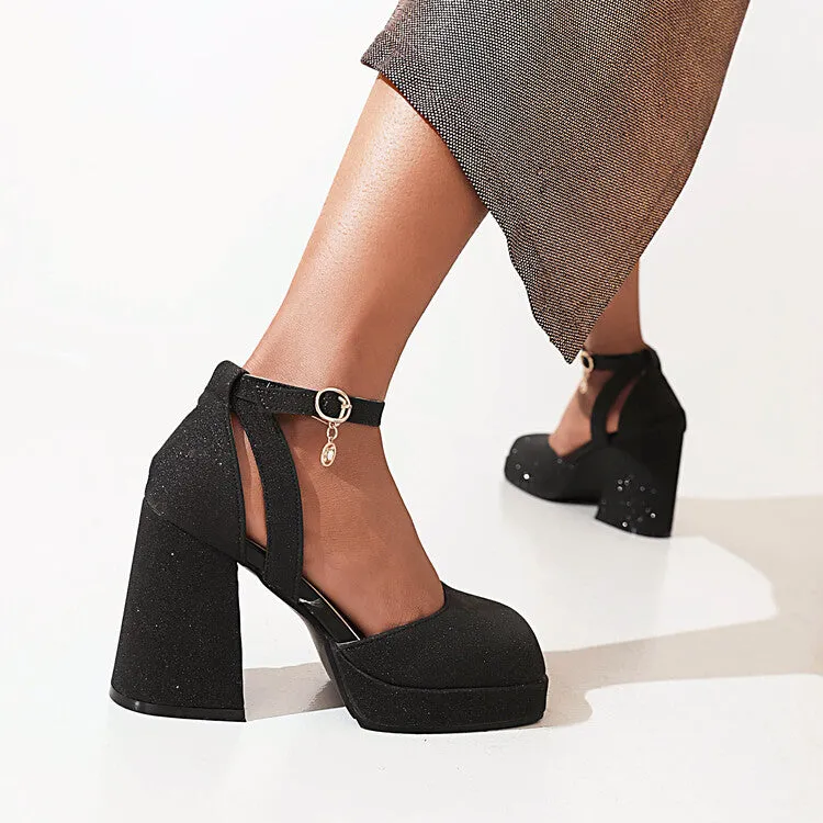 Women's Sparkling Square Toe Ankle Strap Metal Buckle Chunky Heel Platform Sandals Target Pearl Sandals