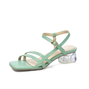 Women's Square Toe Ankle Strap Medium Block Crystal Heel Sandals Summer Outdoor Beach Sports Closed-toe Sandals
