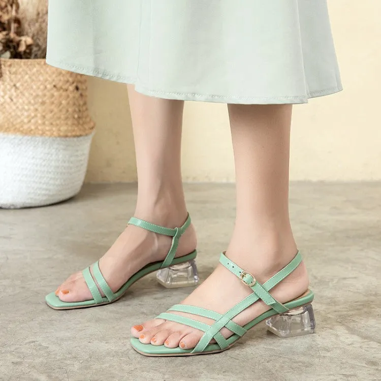 Women's Square Toe Ankle Strap Medium Block Crystal Heel Sandals Tabi Leather Sandals