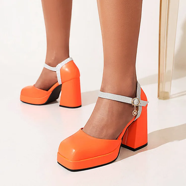 Extra Wide Sandals Women's Square Toe Ankle Strap Metal Buckle Platform Block Heel Sandals