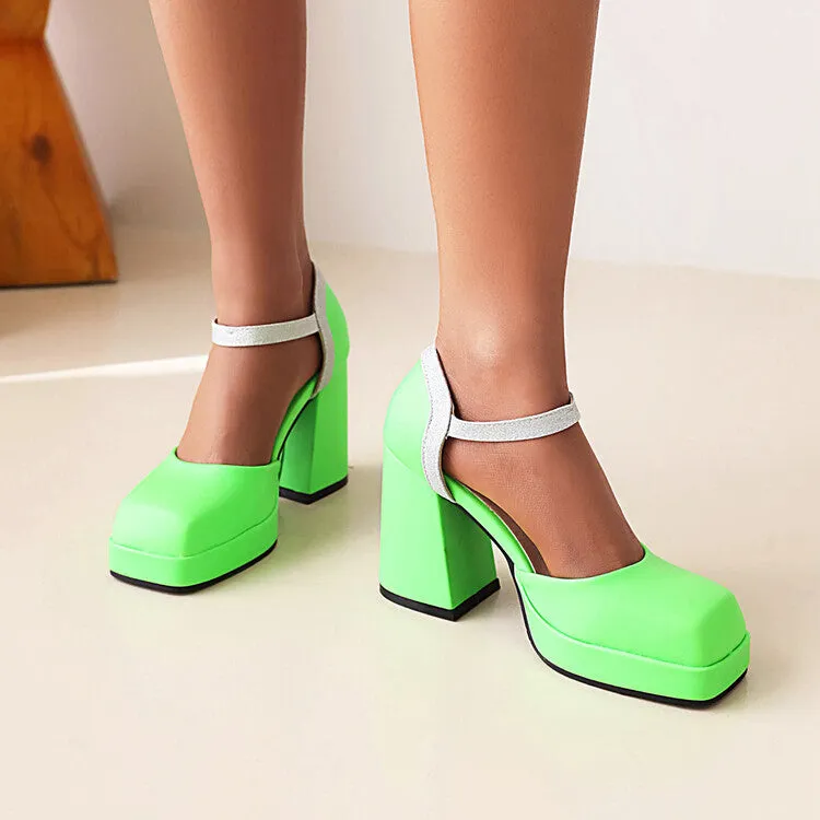 Sandals Hotel Grenada Women's Square Toe Ankle Strap Metal Buckle Platform Block Heel Sandals