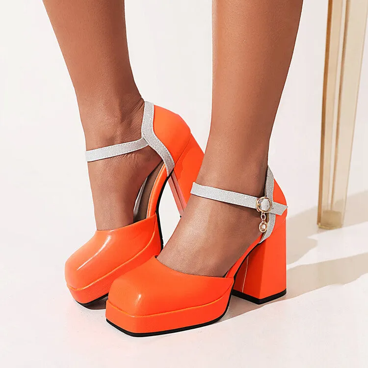 Women's Square Toe Ankle Strap Metal Buckle Platform Block Heel Sandals Platform Chunky Sandals