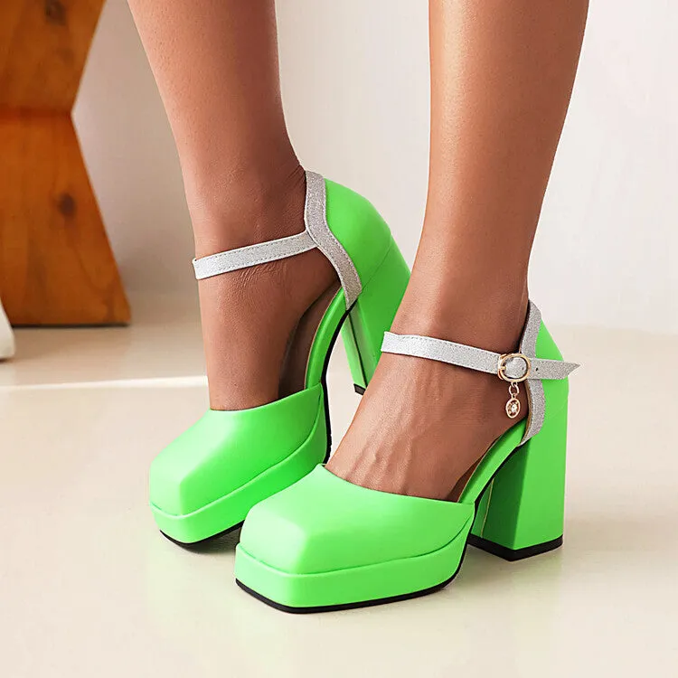 Women's Square Toe Ankle Strap Metal Buckle Platform Block Heel Sandals Loafer Sandals