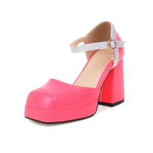 Slingback High Heel Sandals Women's Square Toe Ankle Strap Metal Buckle Platform Block Heel Sandals