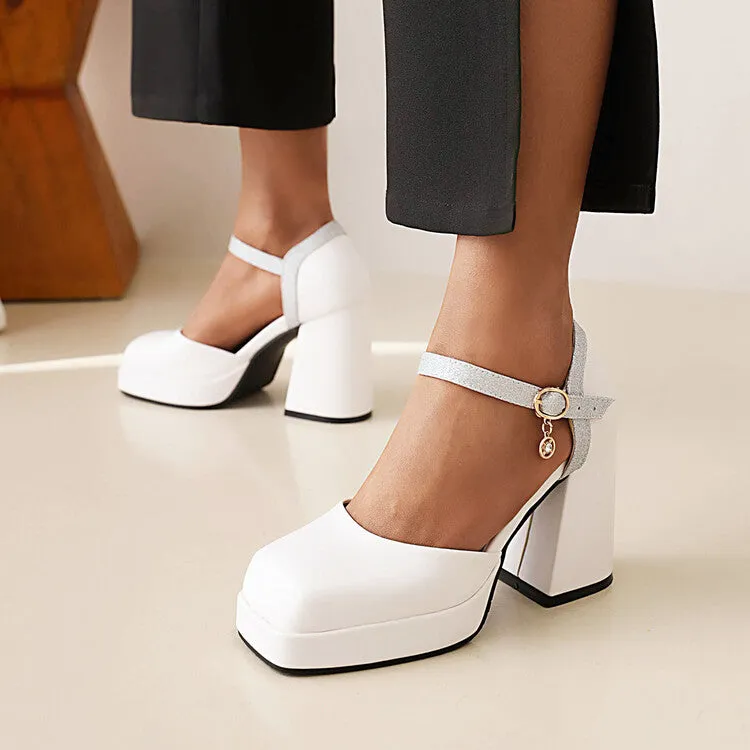 Plaka Sandals Women's Square Toe Ankle Strap Metal Buckle Platform Block Heel Sandals