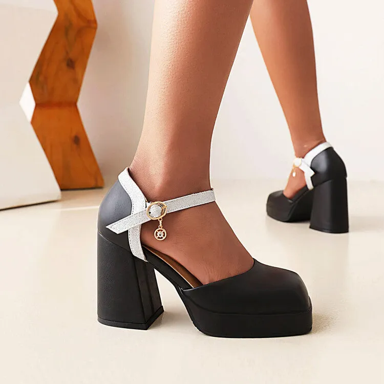 Women's Square Toe Ankle Strap Metal Buckle Platform Block Heel Sandals Sandals Cover Toes