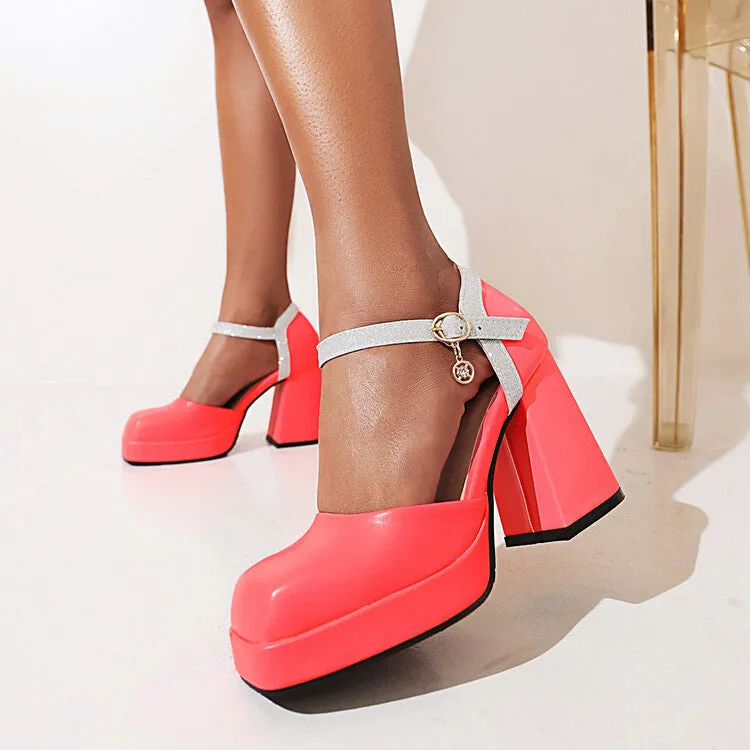 Sandals With Backstrap Women's Square Toe Ankle Strap Metal Buckle Platform Block Heel Sandals