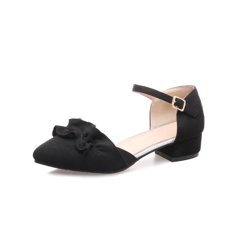 Women's Suede Pointed Toe Ruffles Ankle Strap Block Heel Sandals Casual Sandals