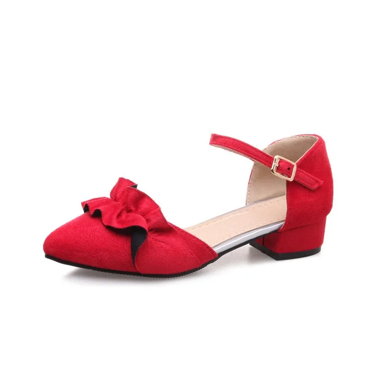 Women's Suede Pointed Toe Ruffles Ankle Strap Block Heel Sandals Lightest Sandals
