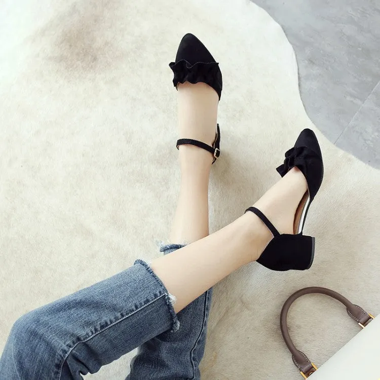 Plantar Sandals Women's Suede Pointed Toe Ruffles Ankle Strap Block Heel Sandals