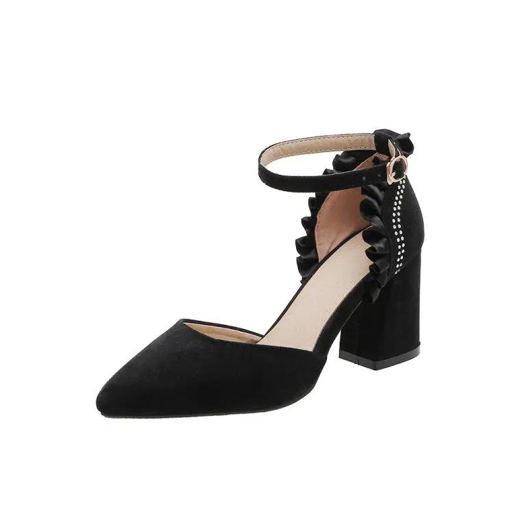 Dressy Low Heel Sandals Women's Suede Ruffles Pointed Toe Block Heel Sandals