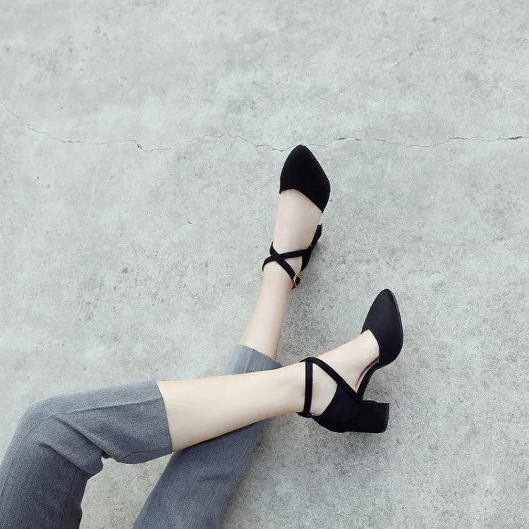 Women's SuedePointed Toe Color Block Ankle Strap Block Heel Sandals Stitching Sandals