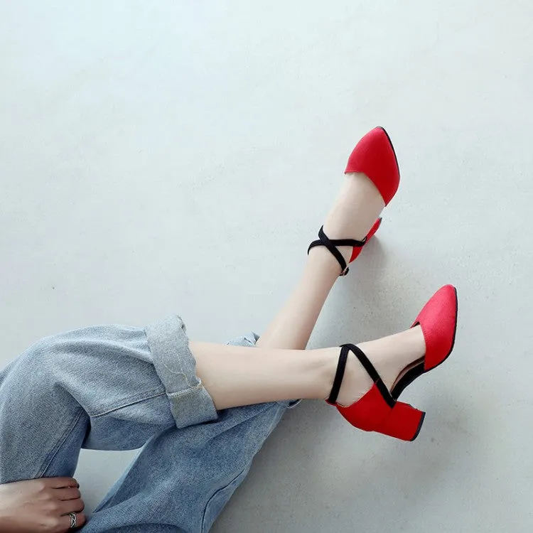 Reed Sandals Women's SuedePointed Toe Color Block Ankle Strap Block Heel Sandals