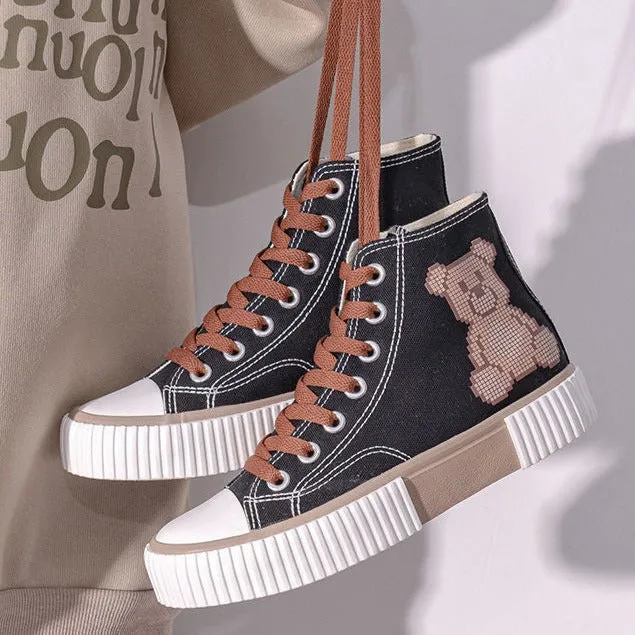 Usa Sneakers Womens Teenager Cute Bear High Top Canvas