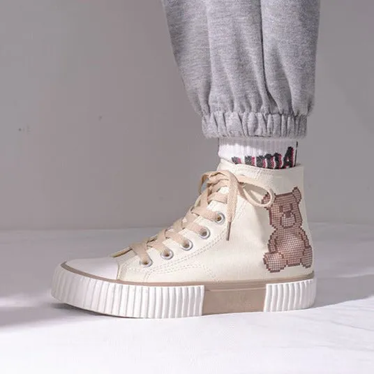 Womens Teenager Cute Bear High Top Canvas Best Sneakers For Neuropathy