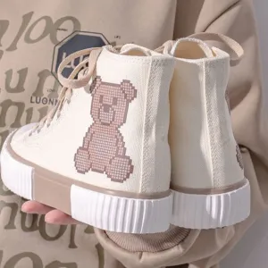 Womens Teenager Cute Bear High Top Canvas Ou Sneakers
