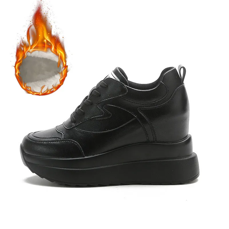 Womens Wedge Platform Sneakers High Hidden Heel Sneakers Genuine Leather Sneakers