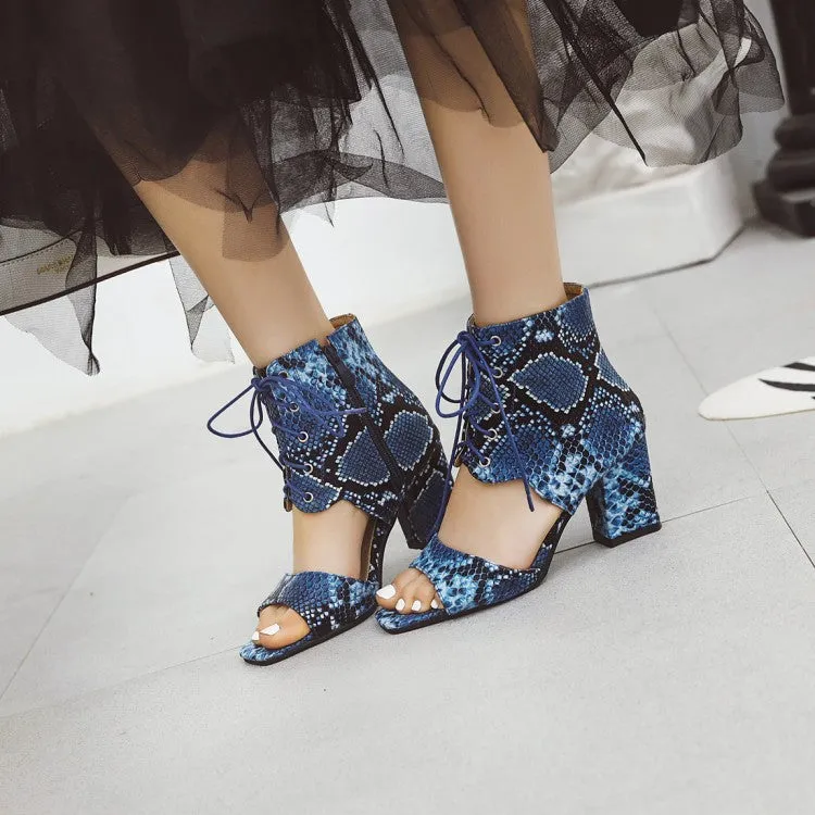 Sandals With Small Platform Women's Woven Snake Print Tied Strap Chunky Heel Sandals