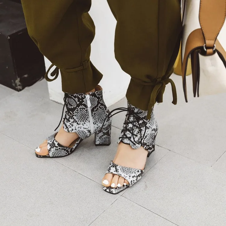 Women's Woven Snake Print Tied Strap Chunky Heel Sandals Trendy Sandals 2025