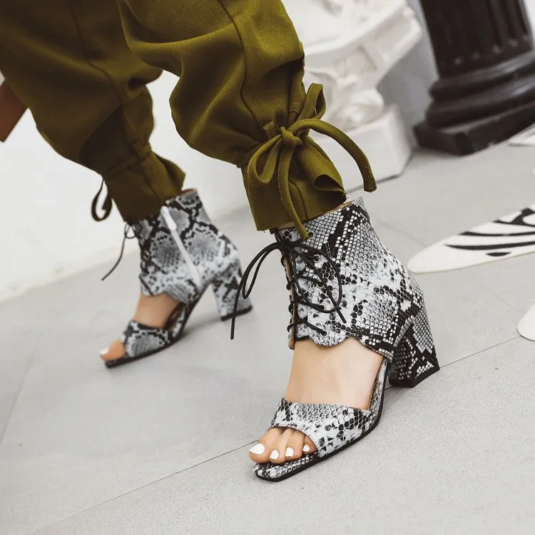 Wedge Heel Closed Toe Sandals Women's Woven Snake Print Tied Strap Chunky Heel Sandals