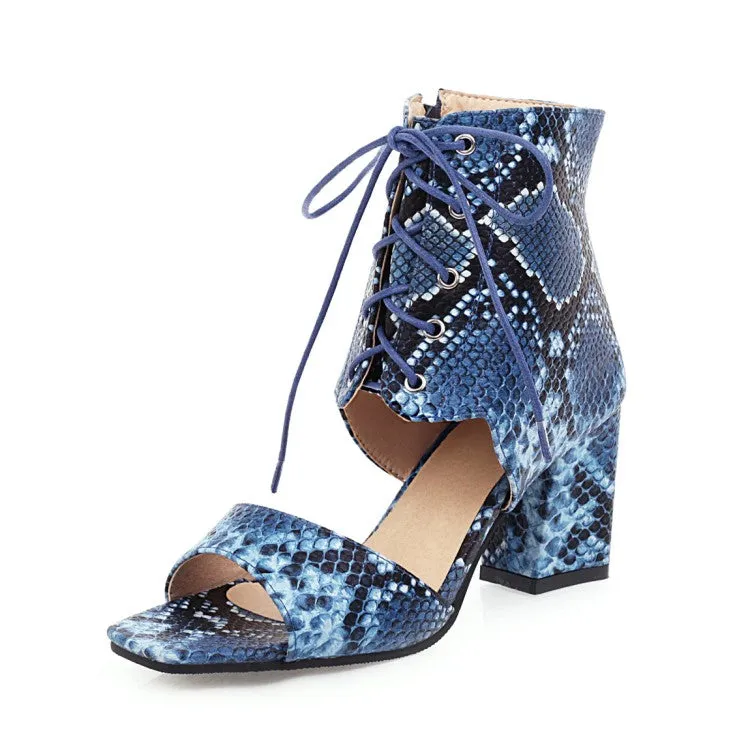 Women's Woven Snake Print Tied Strap Chunky Heel Sandals Platform Gladiator Sandals