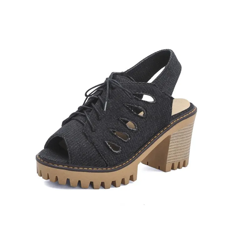Women's's Denim Peep Toe Chunky Heel Platform Sandals Sandals Of The 90s