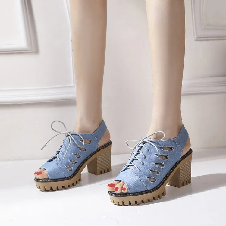 Army Sandals Women's's Denim Peep Toe Chunky Heel Platform Sandals
