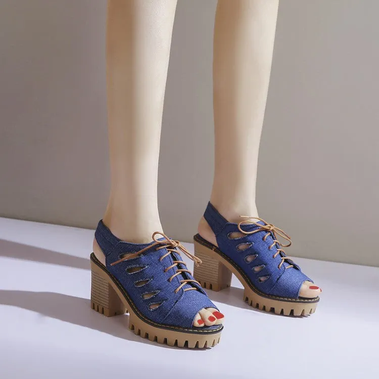 Women's's Denim Peep Toe Chunky Heel Platform Sandals Best Sandals For Hiking