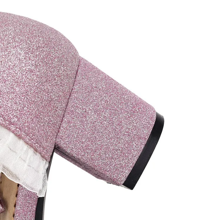 Women's's Lolita Round Closed Toe Lace Beading Block Heel Sandals Ankle Wrap Sandals