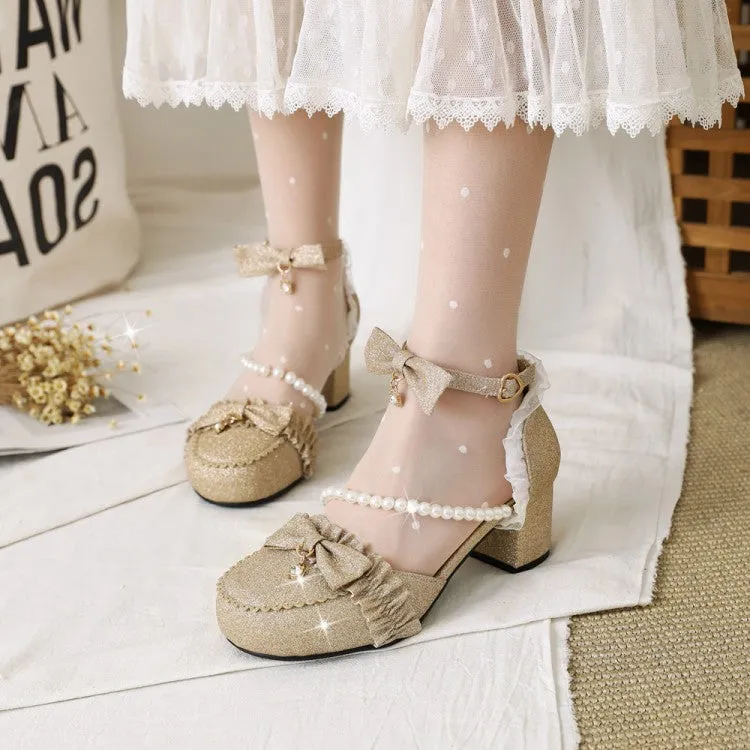 Women's's Lolita Round Closed Toe Lace Beading Block Heel Sandals Jamaica Montego Bay Sandals