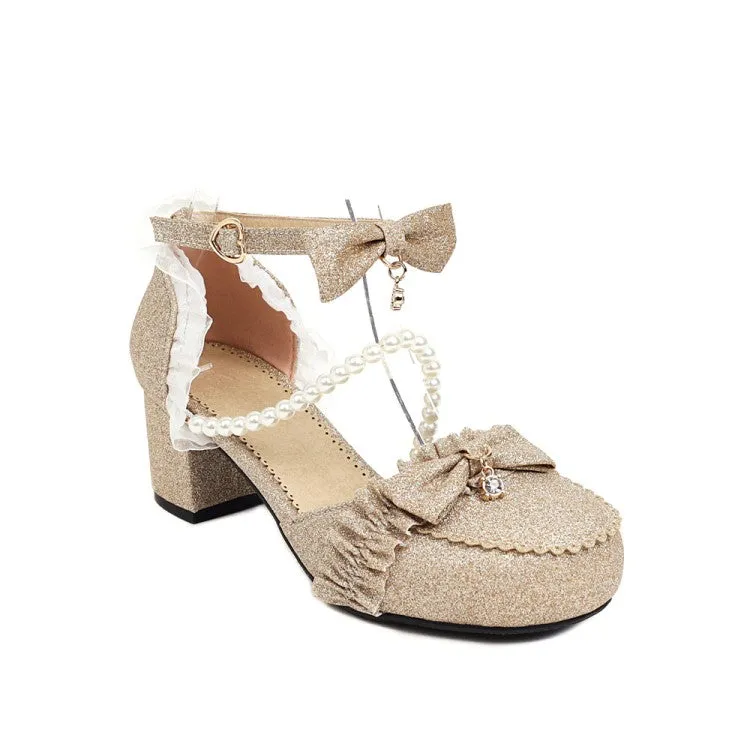 Women's's Lolita Round Closed Toe Lace Beading Block Heel Sandals Sandals In Beige
