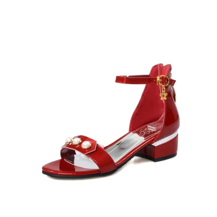 Suede Heeled Sandals Women's's Patent Leather Block Heel Pearls Sandals