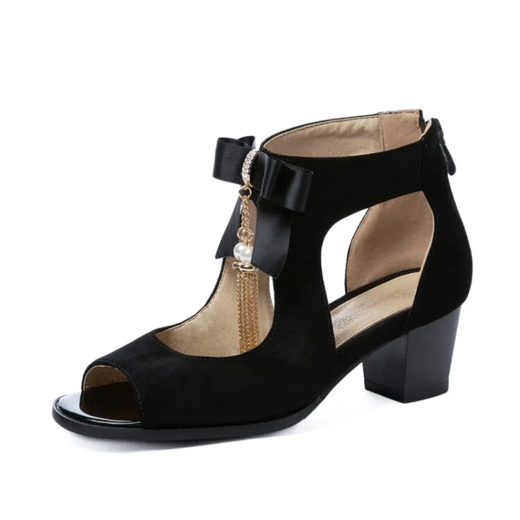 Exercise Sandals Women's's Peep Toe Beading Chains Butterfly Knot Block Medium Heel Sandals